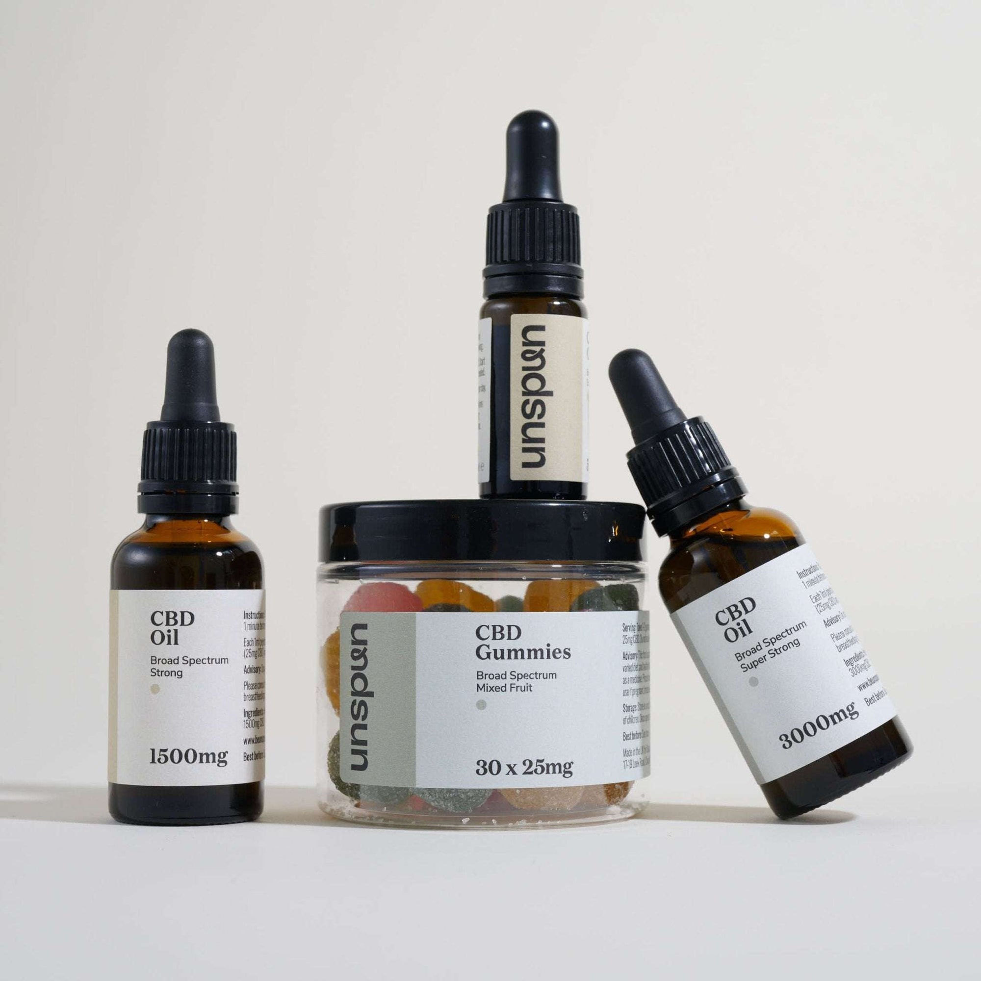 All Unspun products including CBD Oil with 3000, 1500 and 500mg of CBD and CBD Gummies