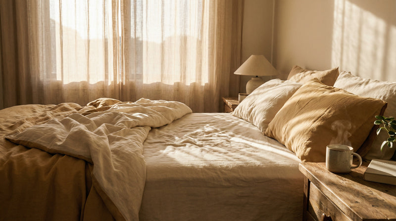 Warm bedroom with morning sunlight on linen sheets
