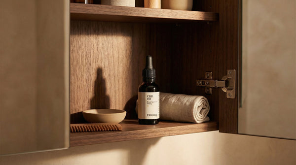 Dark wooden cabinet with amber CBD oil bottles stored inside