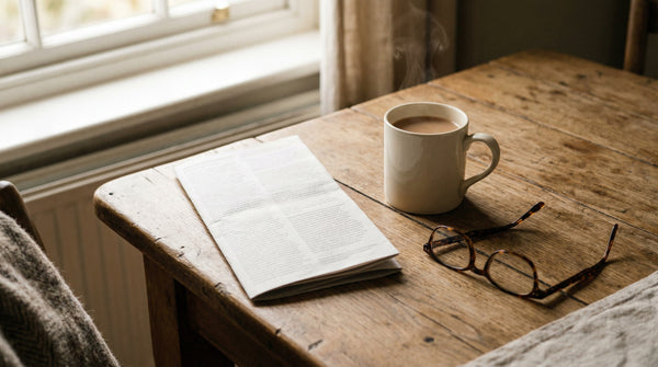 Kitchen table with leaflet, tea and reading glasses