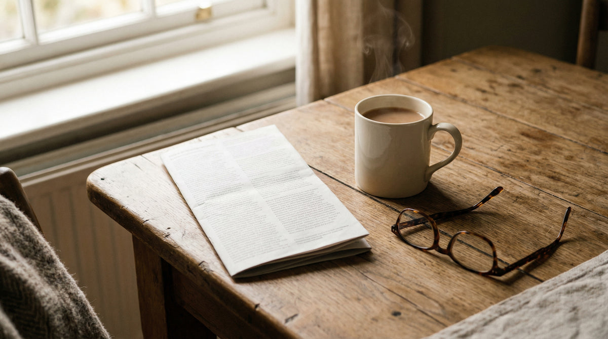Kitchen table with leaflet, tea and reading glasses