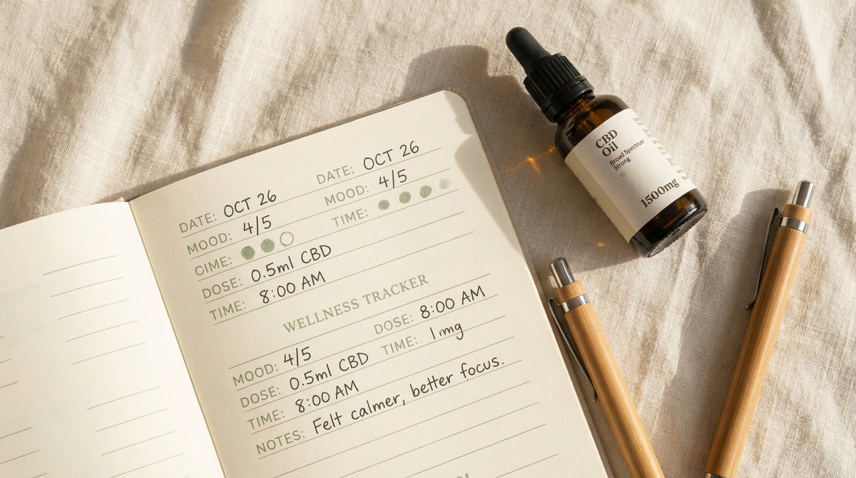 CBD dosage tracker journal with amber dropper bottle