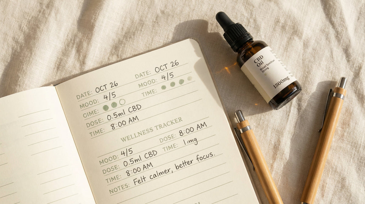 CBD dosage tracker journal with amber dropper bottle on cream linen