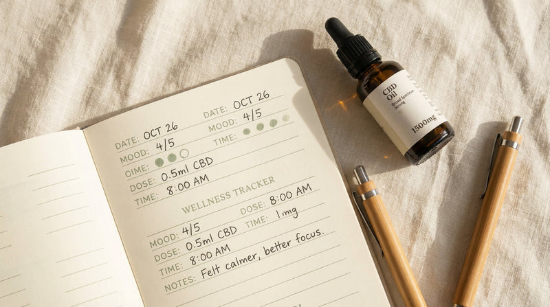 CBD dosage tracker journal with amber dropper bottle on cream linen