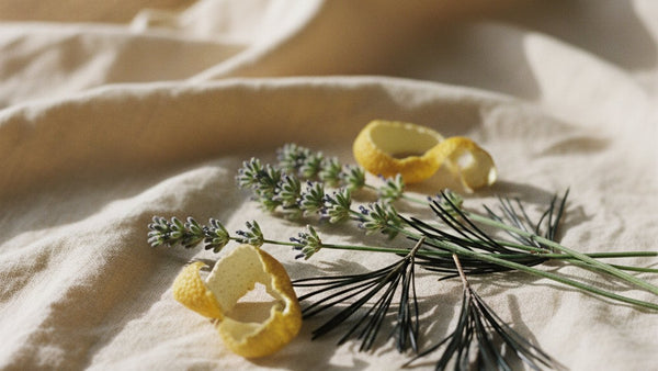 Lemon zest, lavender and pine on cream linen, the aromatic botanicals behind the entourage effect.