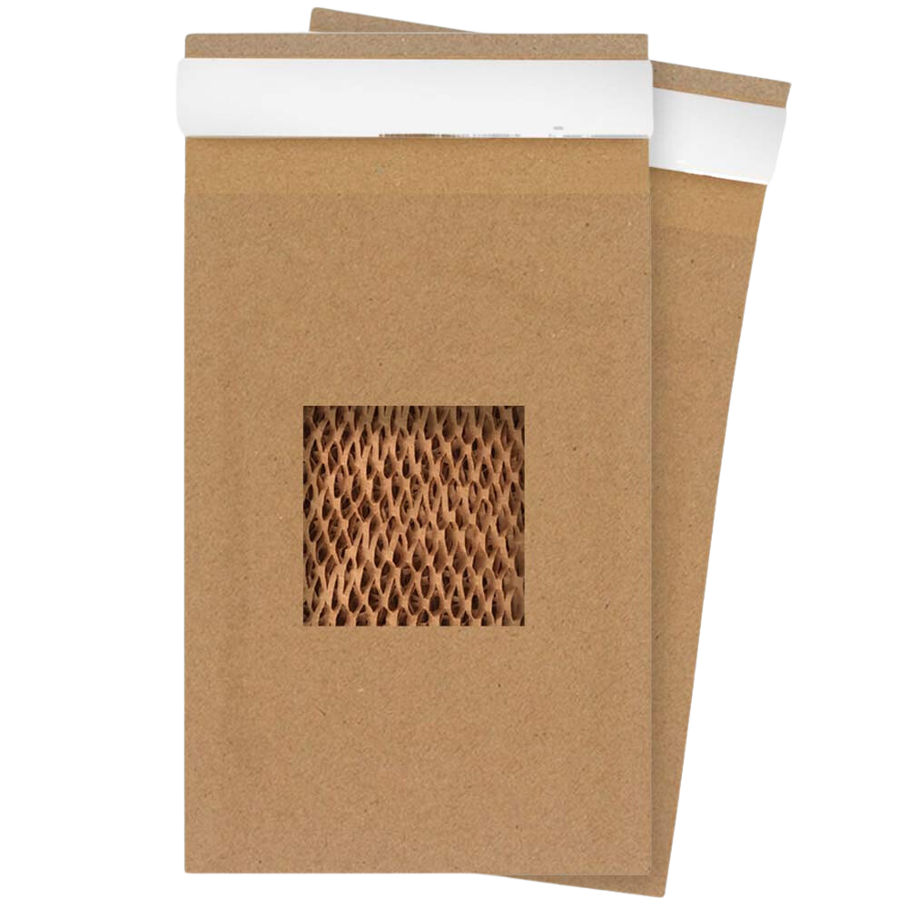 Eco-friendly packaging used by Unspun, highlighting the brand's commitment to sustainability. The packaging is made from recyclable brown kraft paper with a small, honeycomb-patterned window, showcasing the material's durability and lightweight design. This image underscores Unspun's dedication to reducing environmental impact through innovative, compact packing solutions