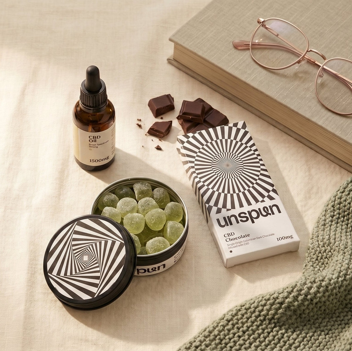 unspun CBD oil, gummies and chocolate