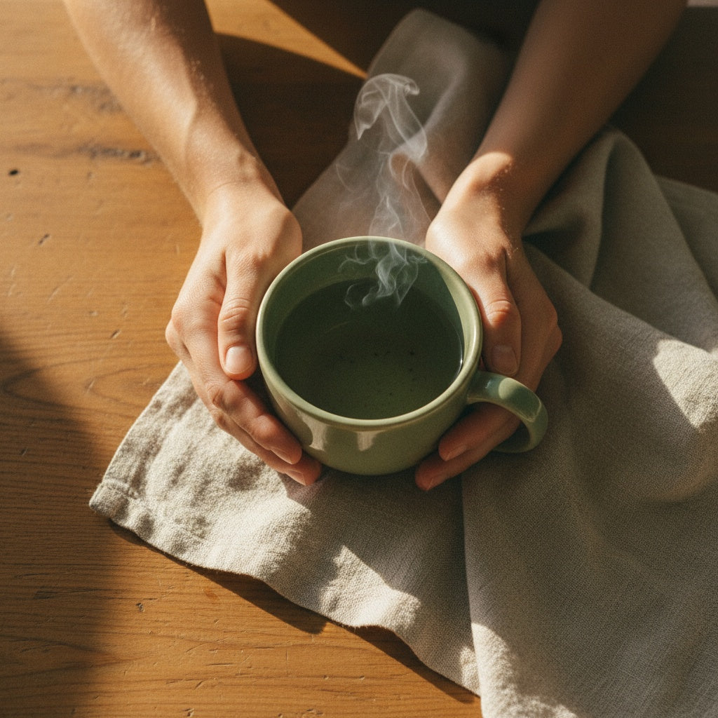 Warm evening calm — hands holding a ceramic mug of tea