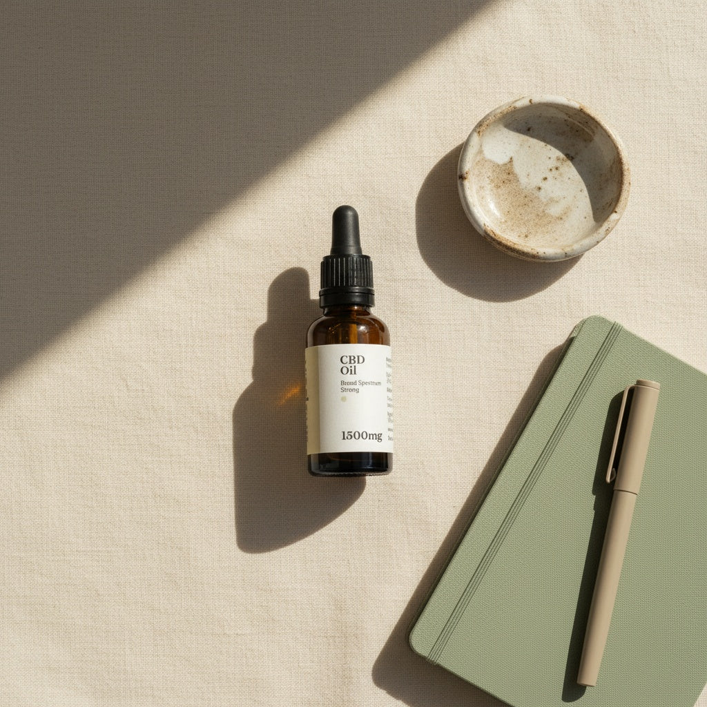 CBD oil flat lay with journal and pen, morning routine
